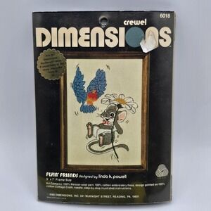Vintage Dimensions Crewel 1980 Flyin' Friends Linda Powell 5x7 Mouse Bird Animal